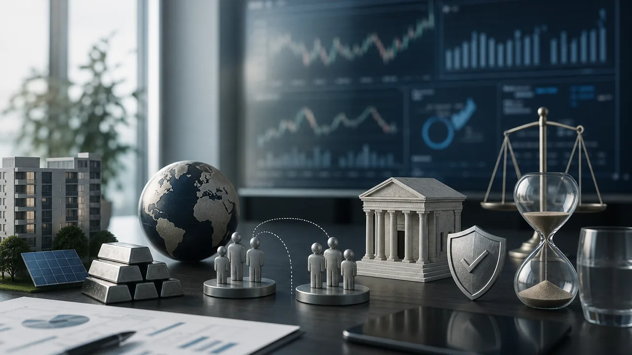 Illustration professionnelle d’une place de marché p2p investing avec diversification européenne et liquidité représentées abstraitement.