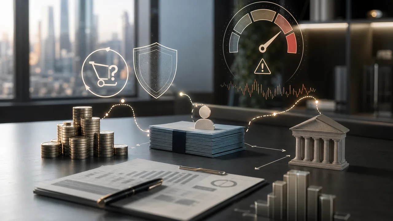 Illustration professionnelle d’une plateforme de crowdlending avec mécanisme de rachat conditionnel représenté prudemment et indicateurs de risque.