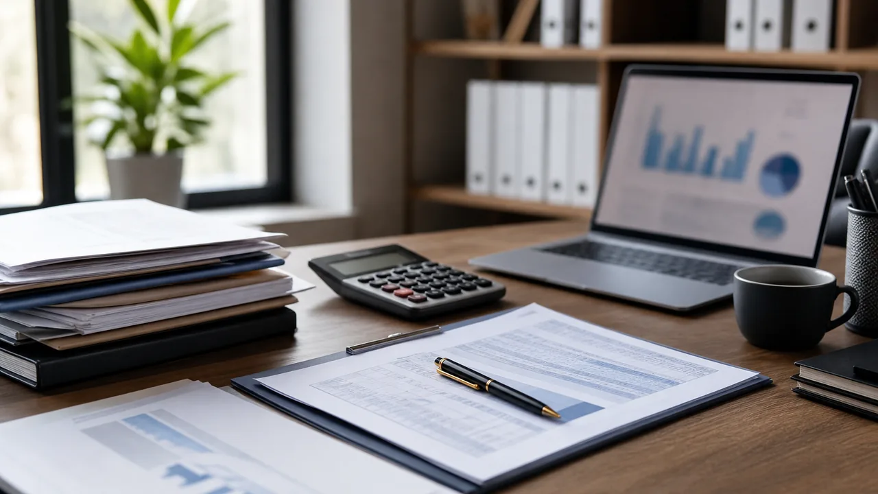 Illustration professionnelle de documents fiscaux génériques, calculatrice et graphiques abstraits liés aux intérêts de crowdlending.