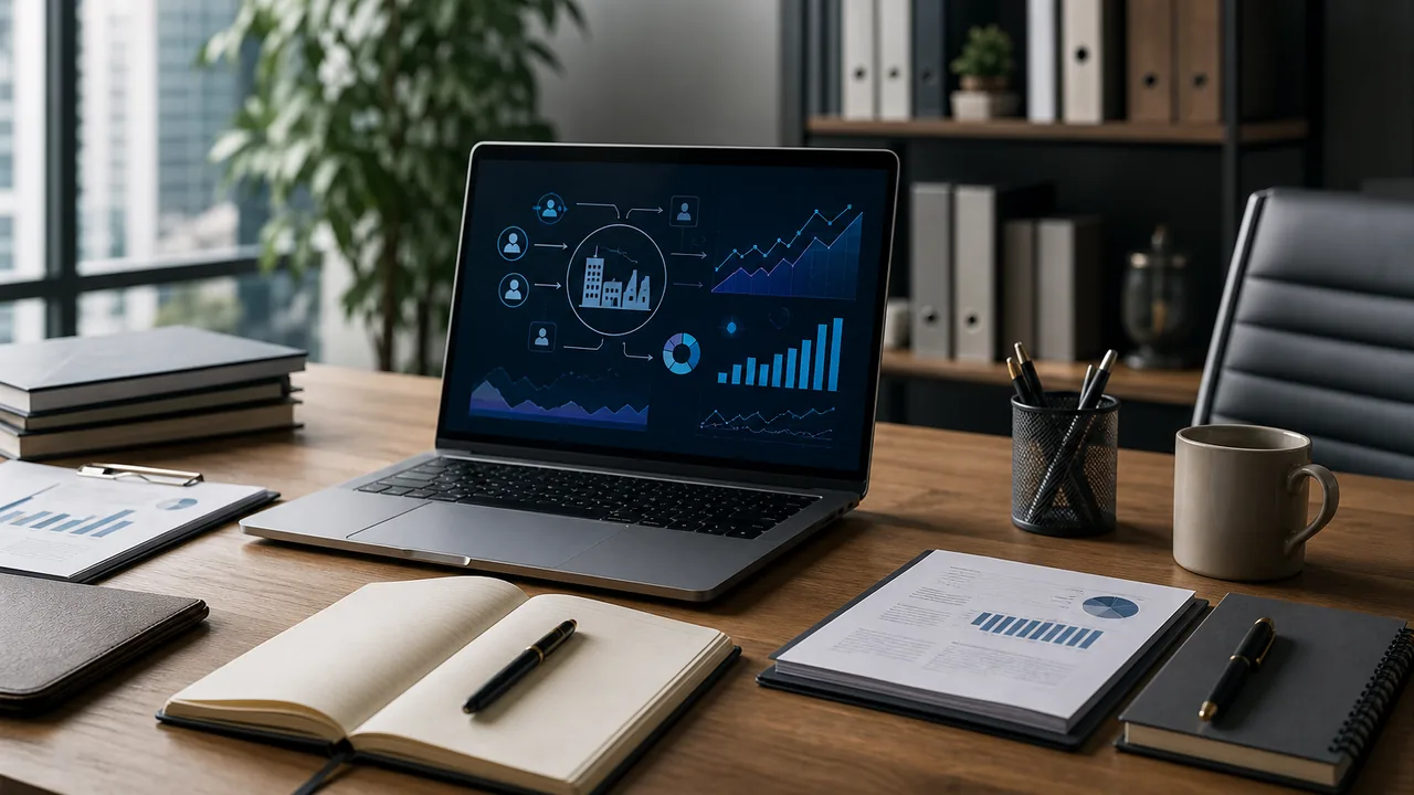 Illustration professionnelle d’un bureau d’analyse avec documents, ordinateur et visualisations abstraites du crowdlending.